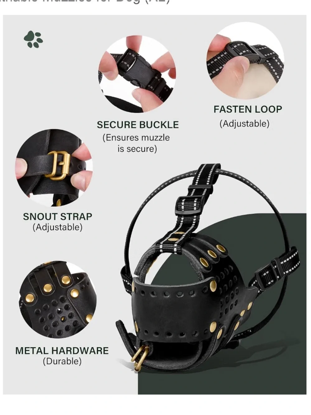 Black Leather Basket Dog Muzzle with Gold Rivets and Buckles